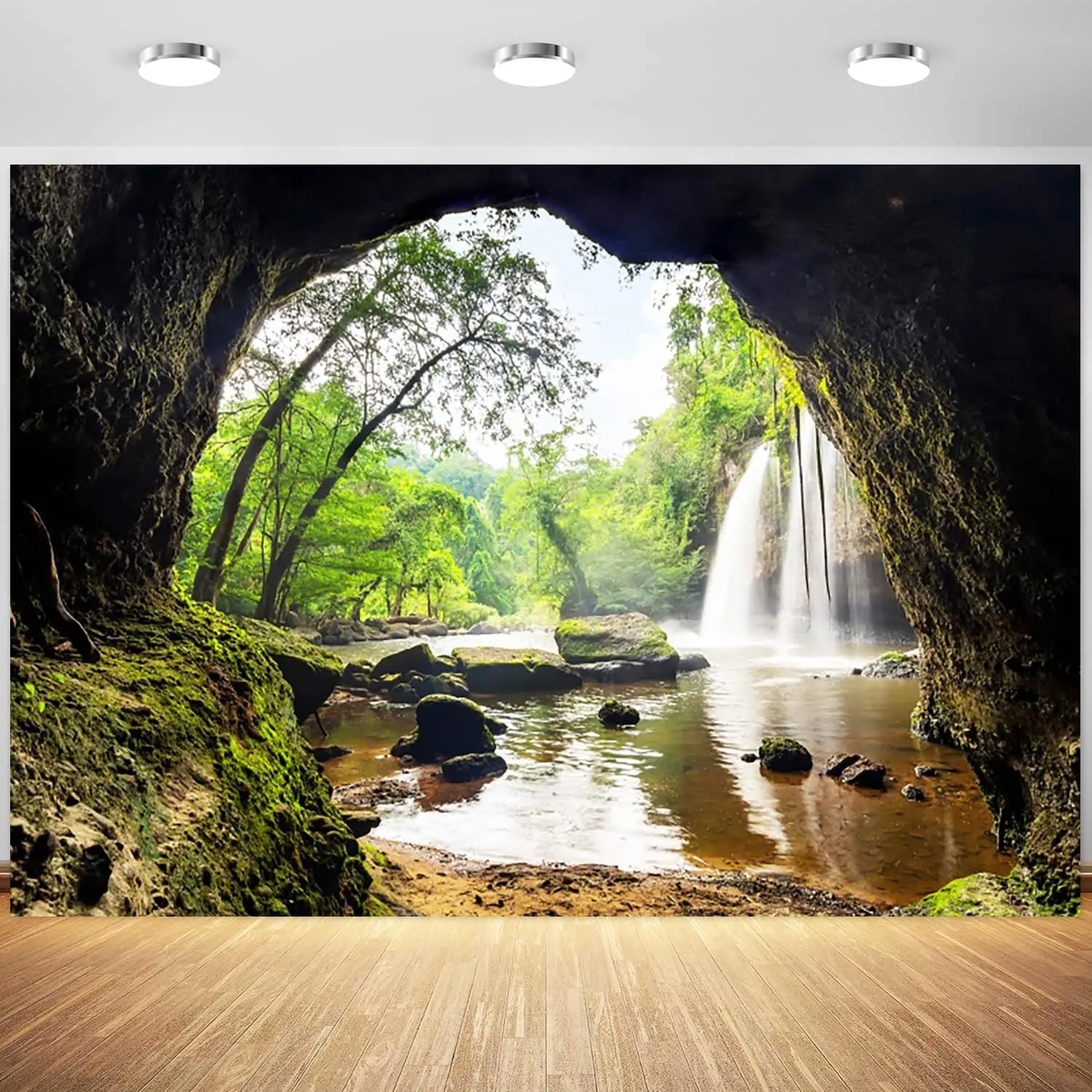 Outdoor Adventure Background - 숲 폭포 산 동굴 녹색 나무